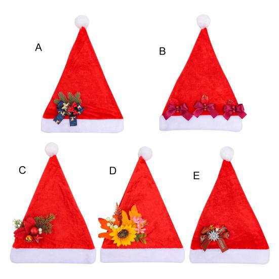 Santa klobouk pro dospělé Plyšový červený sametový Santa klobouk s mašlí/slunečnicí/zvonkem/sněhovou vločkou dekorací pro vánoční večírek dárek