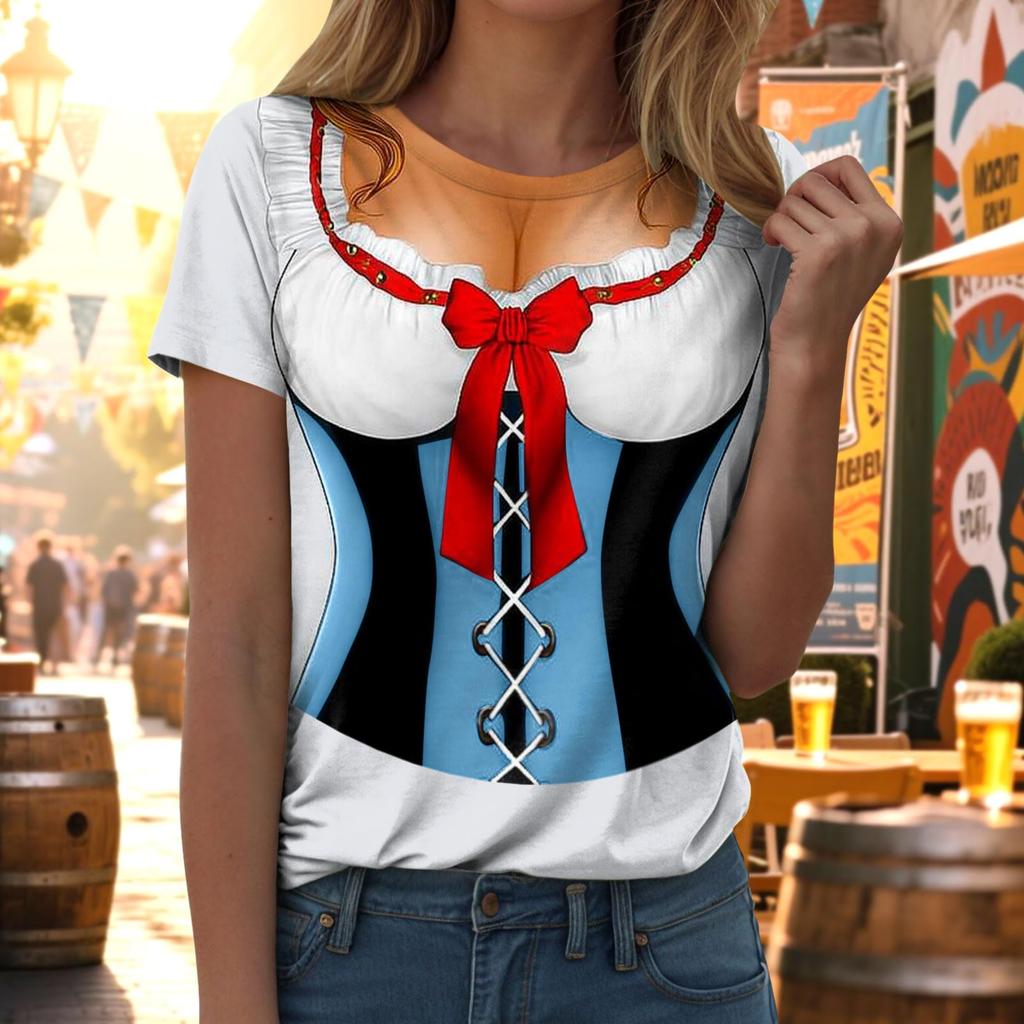 Women Casual Pullover T Shirt Oktoberfest Print Short Sleeve Crew Neck Top Lightweight Comfortable Fit Summer Tee