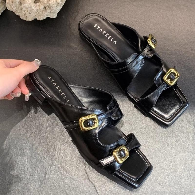 Fashion Metal Buckle Decoration Moccasin Low Heel Slippers Women Fashion Square Toe Open Toe Slide Sandals Casual Ladies Beach Sandals