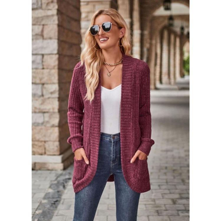 Women Autumn Winter Warm Solid Color Striped Jacket Casual Long Sleeve Cardigan Coat Fashion Outerwear S бордовый