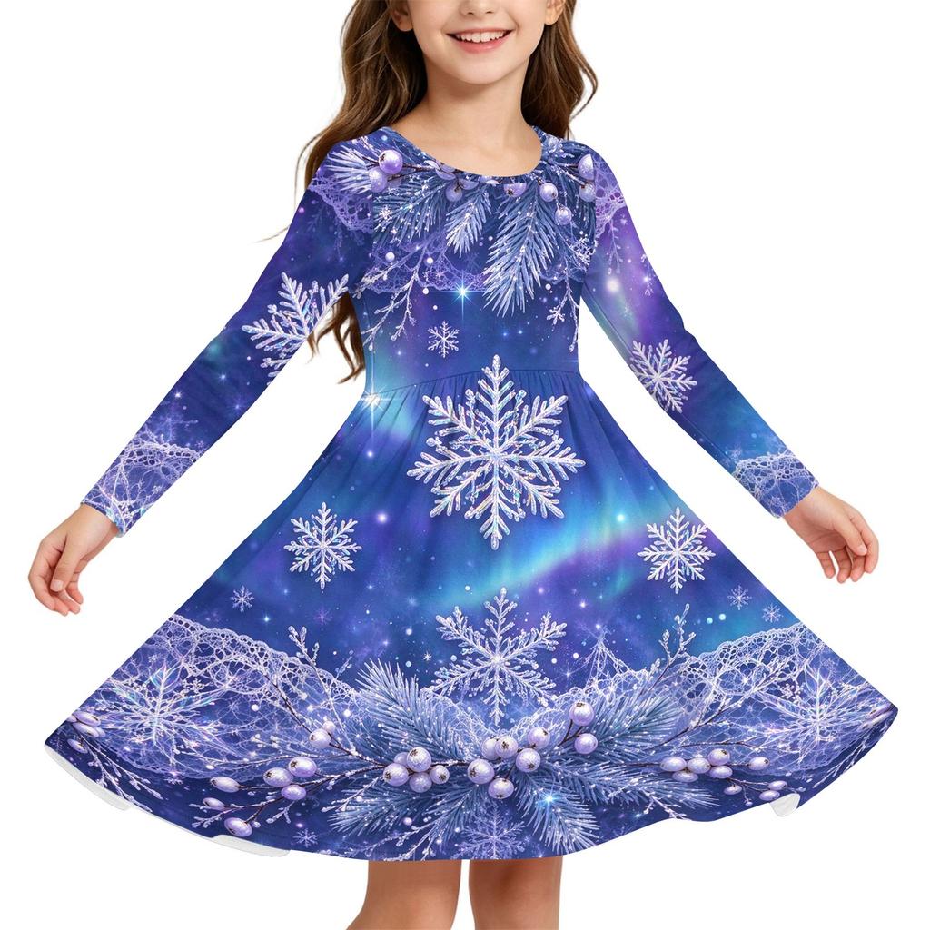 Kids Christmas Print Long Sleeve Dress for Holiday Parties and Everyday Wear