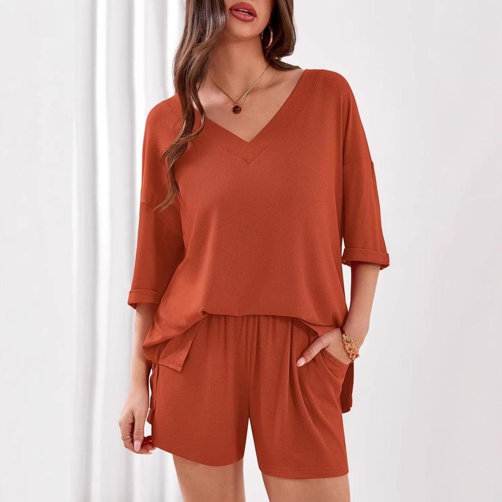 European & American Women's Summer Casual Two-Piece V-Neck Short-Sleeve Top and Shorts Set for Travel and Beachwear 2026