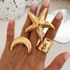 SHIXIN Fashion Gold Color Starfish Flowers Wide Open Rings for Women Exaggerated Geometric Star Moon Adjustable Couple Ring Y2K
