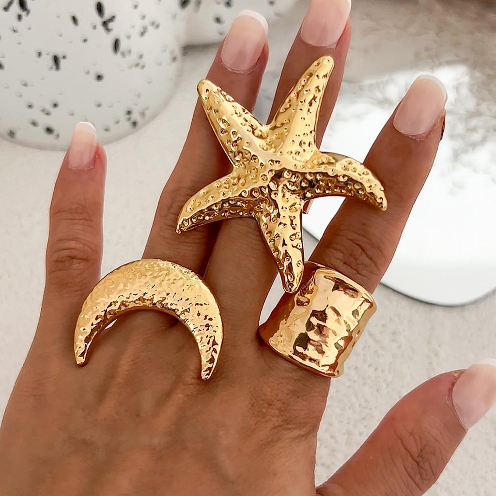 SHIXIN Fashion Gold Color Starfish Flowers Wide Open Rings for Women Exaggerated Geometric Star Moon Adjustable Couple Ring Y2K