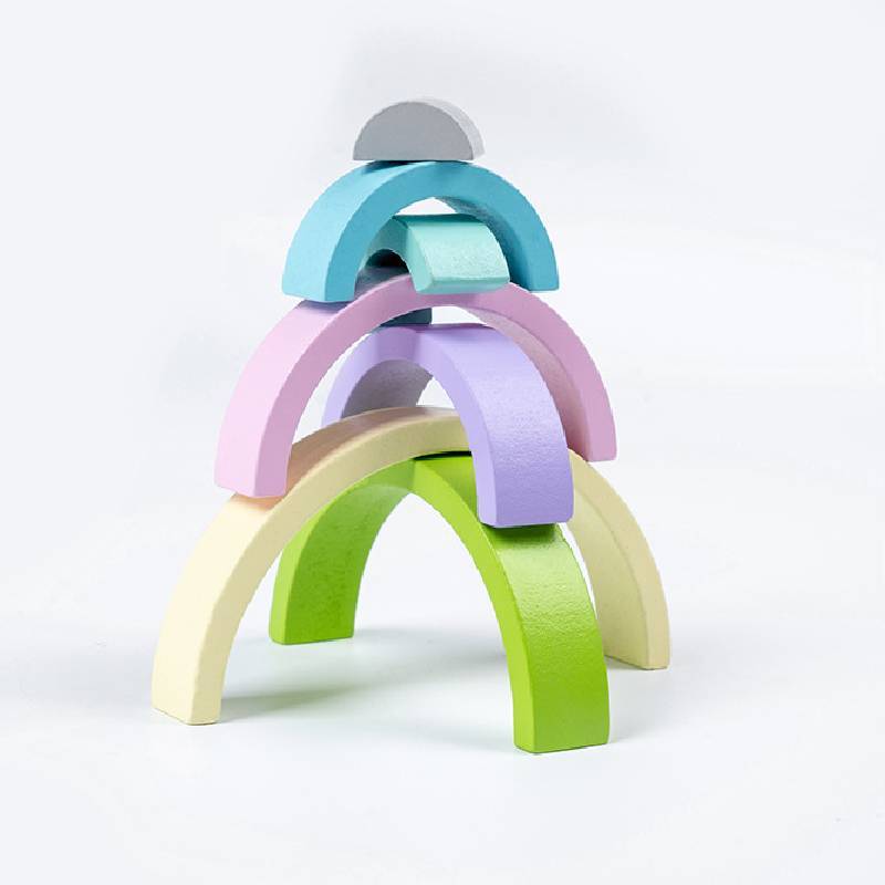 Wooden Children Rainbow Arch Building Blocks Set With Multi Color Tiles For Toddler Education