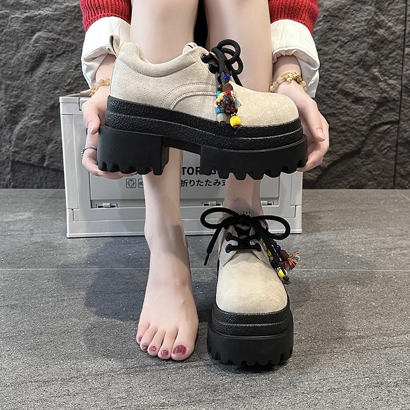 Fashion Women's Leather Sneakers New 2025 Spring High Platform Lace-up Casual Shoes Thick Sole 9CM Heels Walking Shoes Zapatos Mujer