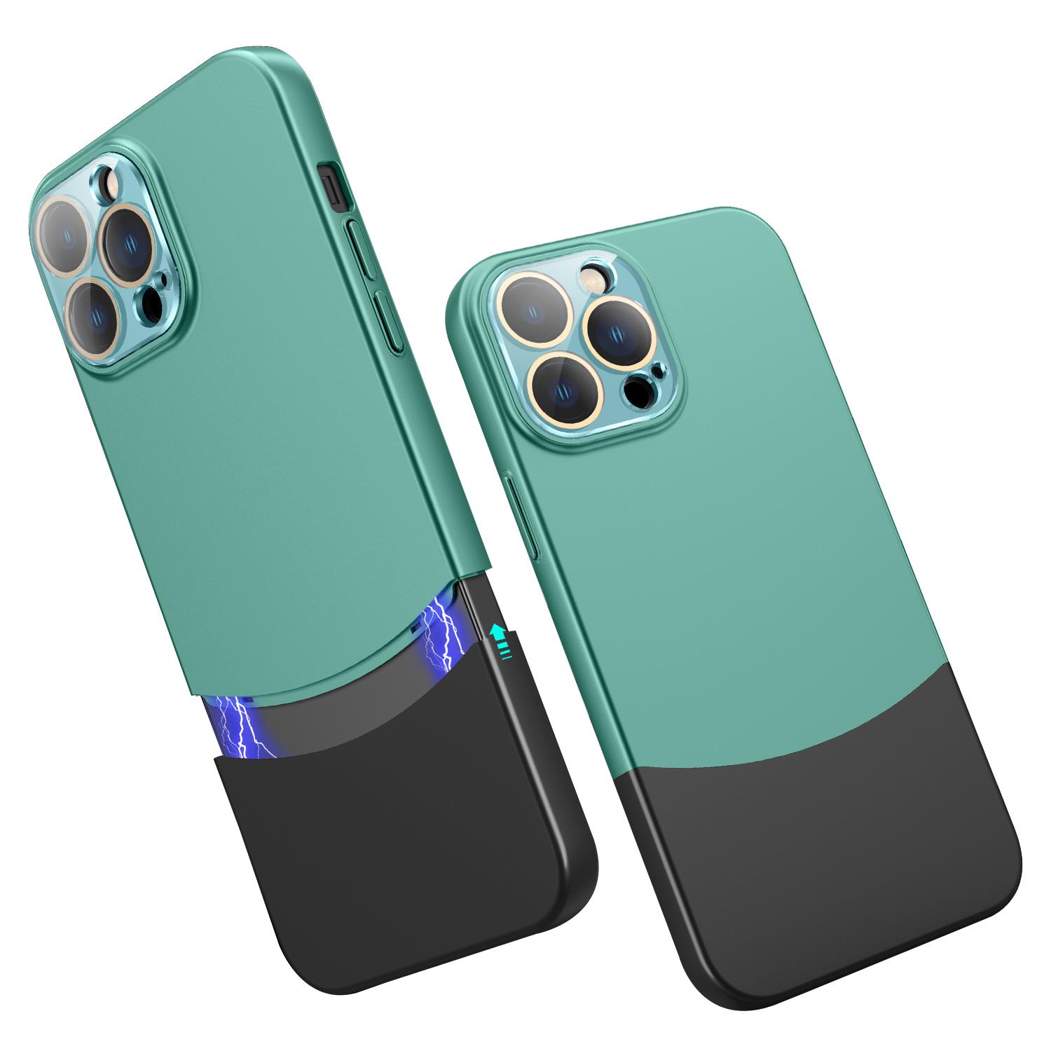 

For iPhone 14 Pro Max Slim-Fit Case Splicing Colors Detachable 2-In-1 PC Phone Cover with Glass Lens Film Army Green