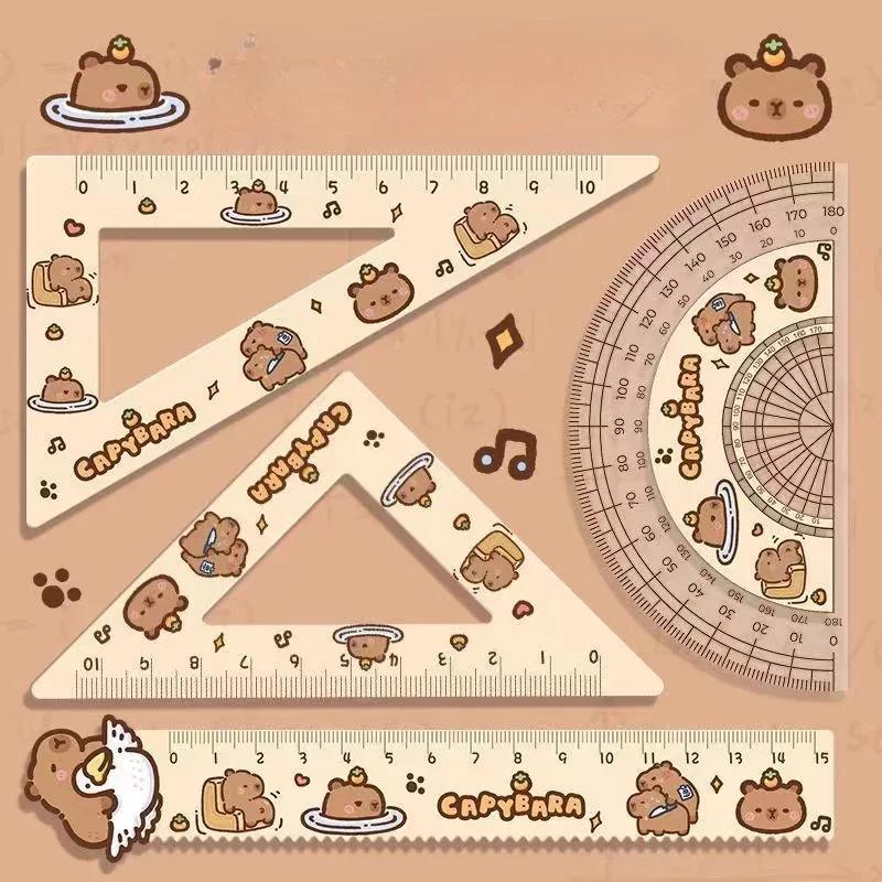 4Pcs Cute Capybara Acrylic Ruler Set – Transparent Drawing & Office Measuring Tools with 30-60-90 Triangle, Kawaii Stationery for Teens