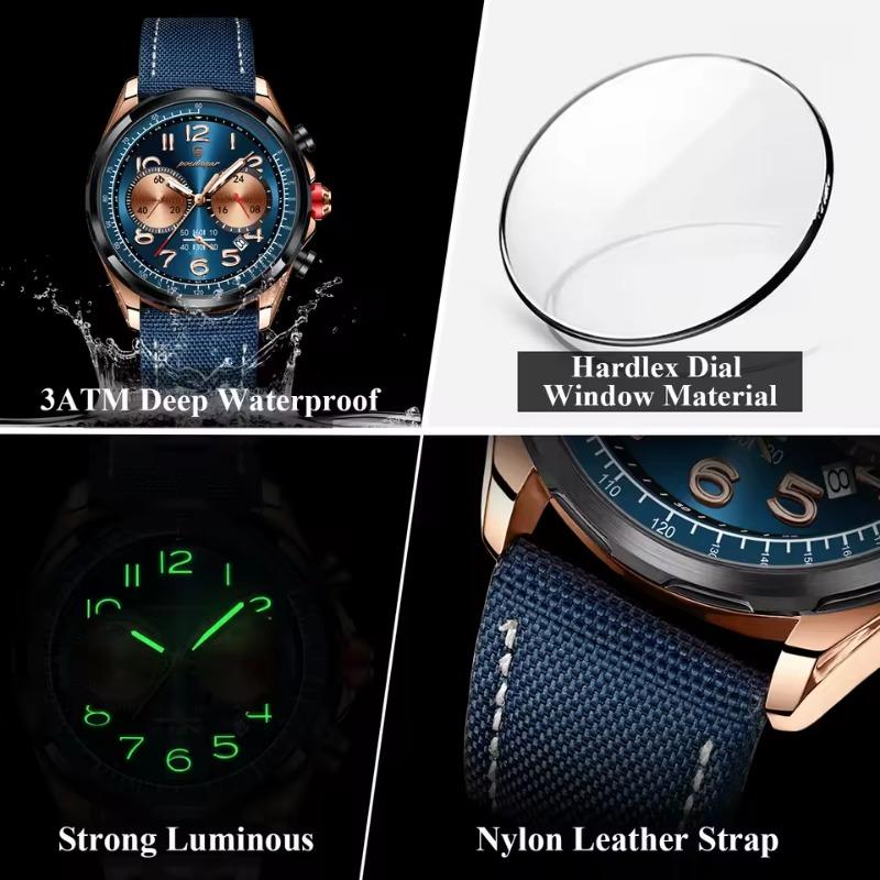 POEDAGAR Luxusní pánské hodinky Quartz Nylonový kožený řemínek Náramkové hodinky Vodotěsné Svítící Chronograf Datum Hodinky Reloj+krabička