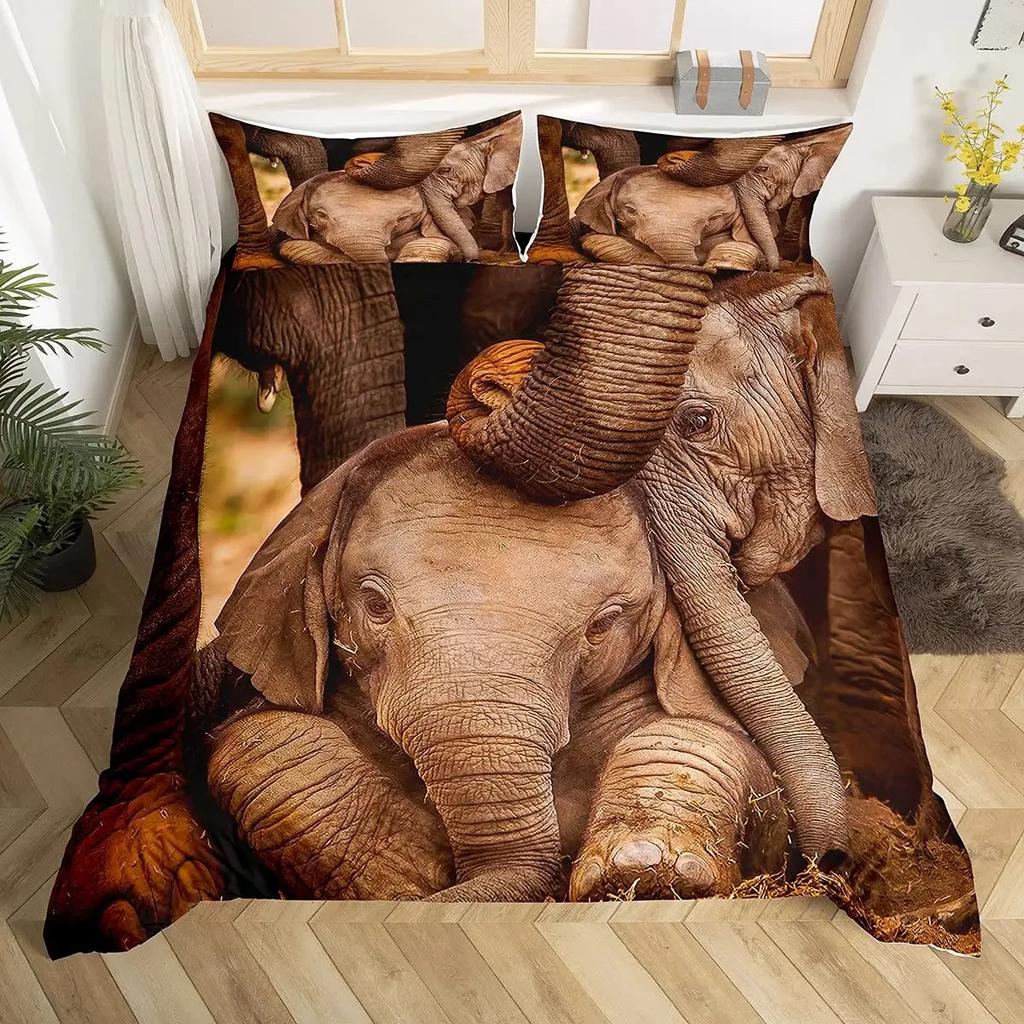 3D Elephant Duvet Cover Set Queen Size African Safari Animal Comforter Set Wildlife Bedding Set Retro Wall Decor Bedspread Cover