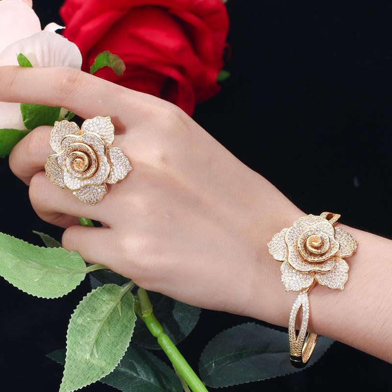 WWJ Super Luxury Zirconia Large Golden Color Geometric Flower Wedding Ring Bangle Sets