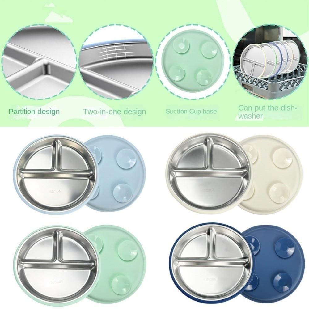 304 Stainless Steel Suction Cup Kids Plates Children 3 Grids Dishes Toddle Training Tableware