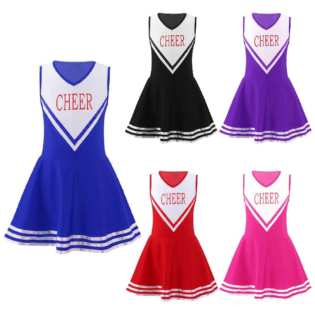 Kids Girls Cheerleading Costume School Performance Cosplay Party Clothing Sleeveless Letter Print Dress