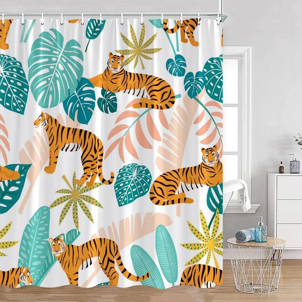 Tropisches Tier Duschvorhang Leopard Wildtier Flamingo Papagei Zebra Grüne Pflanze Palmenblatt Badezimmer Vorhang Dekoration