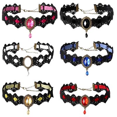 Lace Gothic Choker Necklace with Rhinestones - Victorian Style Collar Jewelry