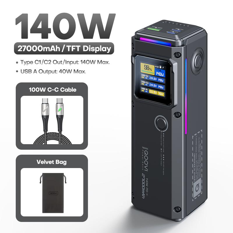 

QOOVI 27000mAh Павербанк PD 140W Швидка зарядка Портативна Батарея Ємність Павербанк Для iPhone Macbook Ноутбука Samsung Xiaomi сірий