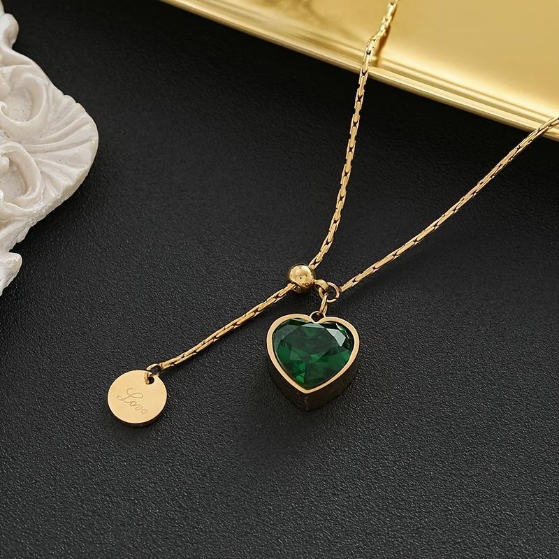 1pc Adjustable Stainless Steel Heart Pendant Necklace with Green Cubic & Golden-Tone Tassel Charm - April Birthstone Jewelry, KC Golden Plated Collarb