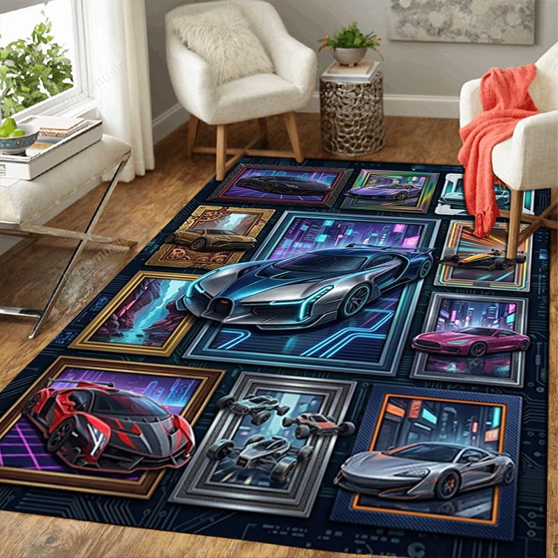 Futuristic Car Gallery Pattern Rug Floor Mat for Living Room or Bedroom Soft and Comfortable Carpet a Gift for Birthday and Holiday.