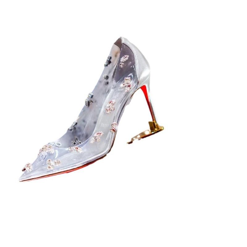 New Summer Pointed Transparent Pointed High Heels Rhinestone Yang Mi Red Sole Single Shoes