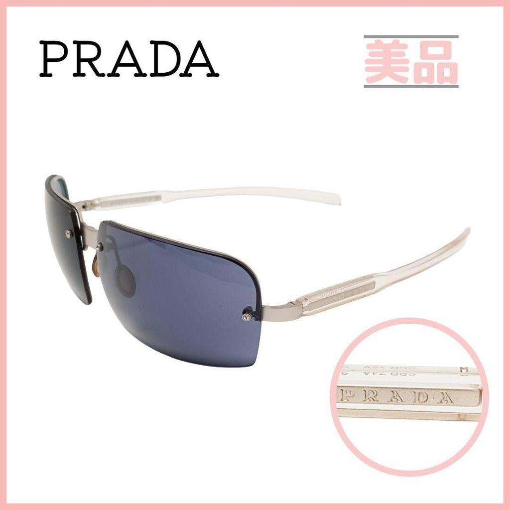 Used PRADA sunglasses silver clear navy half rim ladies men unisex unisex