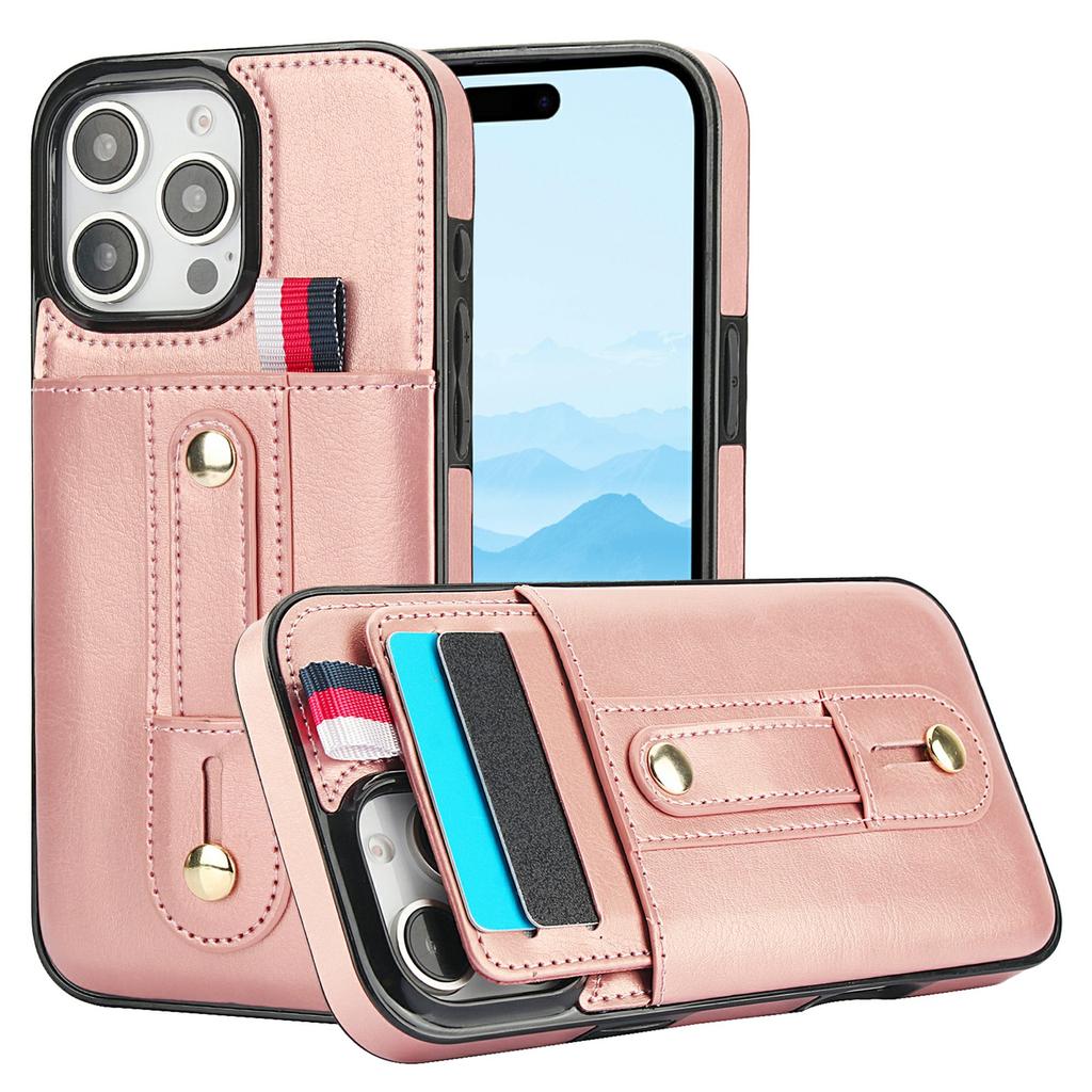 For iPhone 16 Pro Max Case PU Leather+TPU Hidden Card Holder Drop-proof Phone Cover with Kickstand
