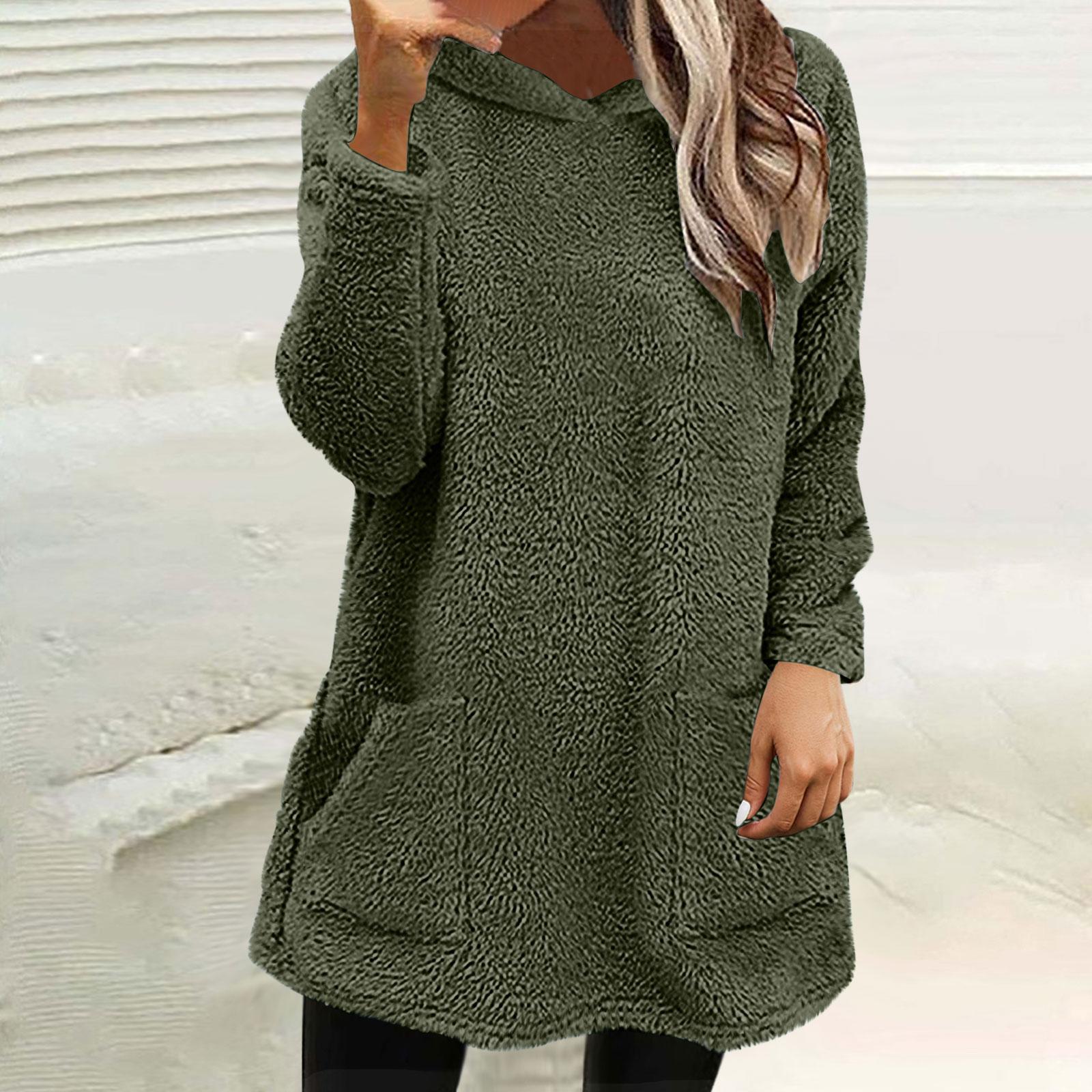 

Womens Fuzzy Fleece Pullover Double Hoodies Ladies Warm Tops Winter Cozy Sweatshirt With Pockets M