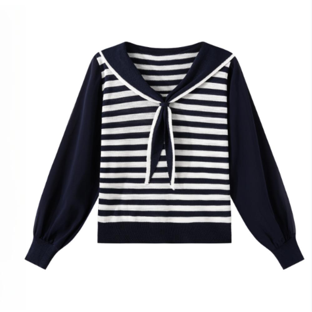 

Вязаный свитер с длинным рукавом в стиле ретро с цветными блоками и полосками для ранней осени, свободный и универсальный свитер с темно-синим воротником One Size синий