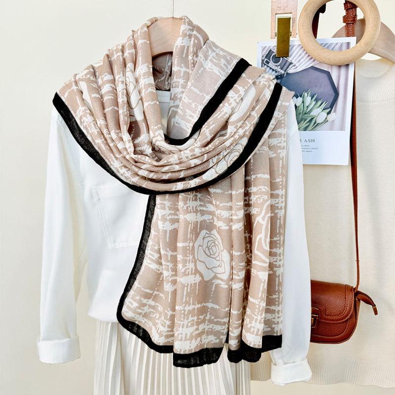 New spring and summer plaid rose scarf women's thin classic camellia breathable shawl travel sun protection