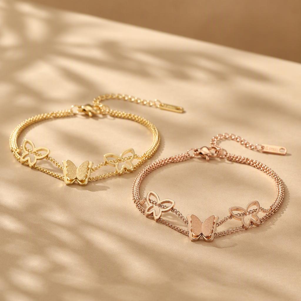 Trending Stainless Steel Double Butterfly Hip Hop Jewelry Ladies Fashion Bracelet Adjustable Charm Bangle