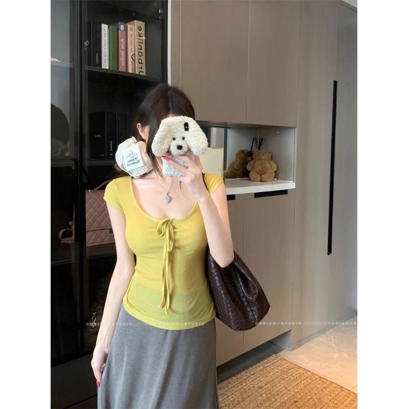 Korean Bow Strap Short-sleeved T-shirt Women's Summer Sweet and Hot Girl Design Sense Niche Slim and Thin Short Top