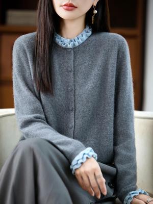 Damen Stilvoller Farbblock Spitzenstrick-Cardigan-Pullover mit Rüschenkanten-Details und Knopfverschluss für Herbst und Winter