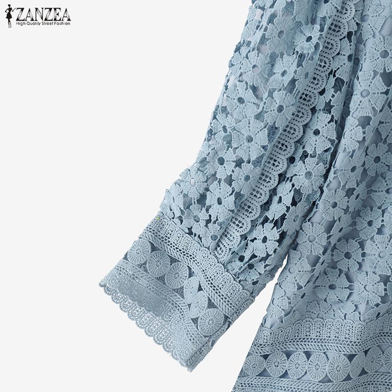 ZANZEA Womens Casual 3/4 Sleeve Loose Patchwork Lace Blouse