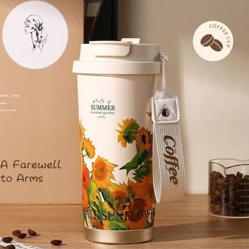 316 Stain Steel Thermos Cups 500ml Coffee Mug with Spoon Set of 3, Floral Ceramic Mug Gift Box for Birthday Wedding Christmas Valentine's Day