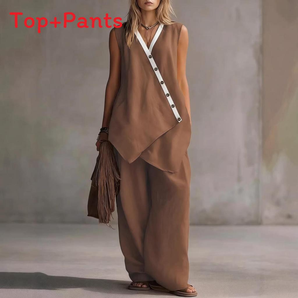 Bohemian Style Sleeveless Cotton Vest And Wideleg Pants Casual Set For Women Spring Summer