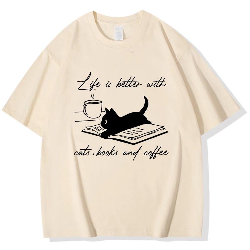 Camiseta Retro americana a la moda para mujer camisetas de veranocamisetas divertidas de gato y café ropa gráfica ropa de