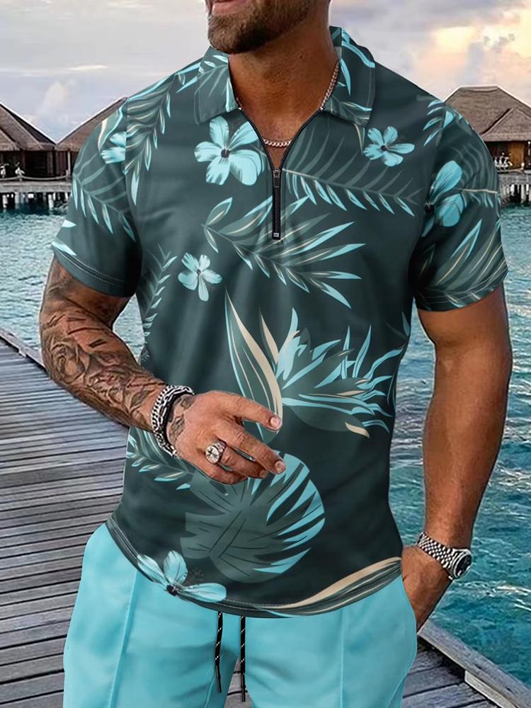 Fashion Zip Polo Shirts Men's Hawaiian Beach Vacation Short Sleeve Polo Shirt Outfit Street Casual
