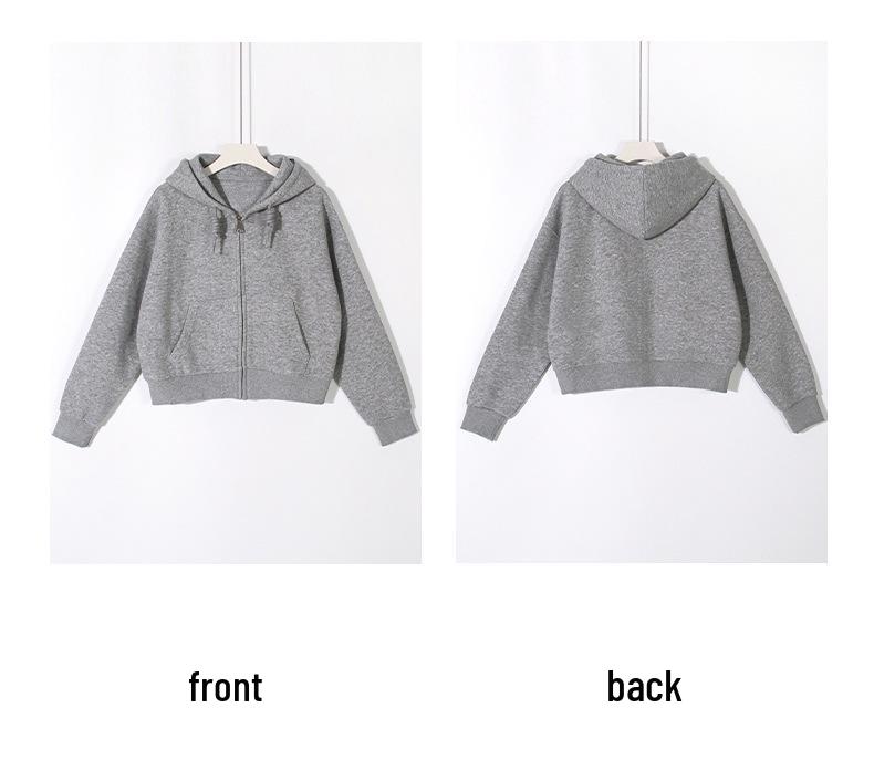 Women's Petite Gray Fleece-Lined Hooded Sweatshirt, Thickened, Short Jacket for Autumn and Winter