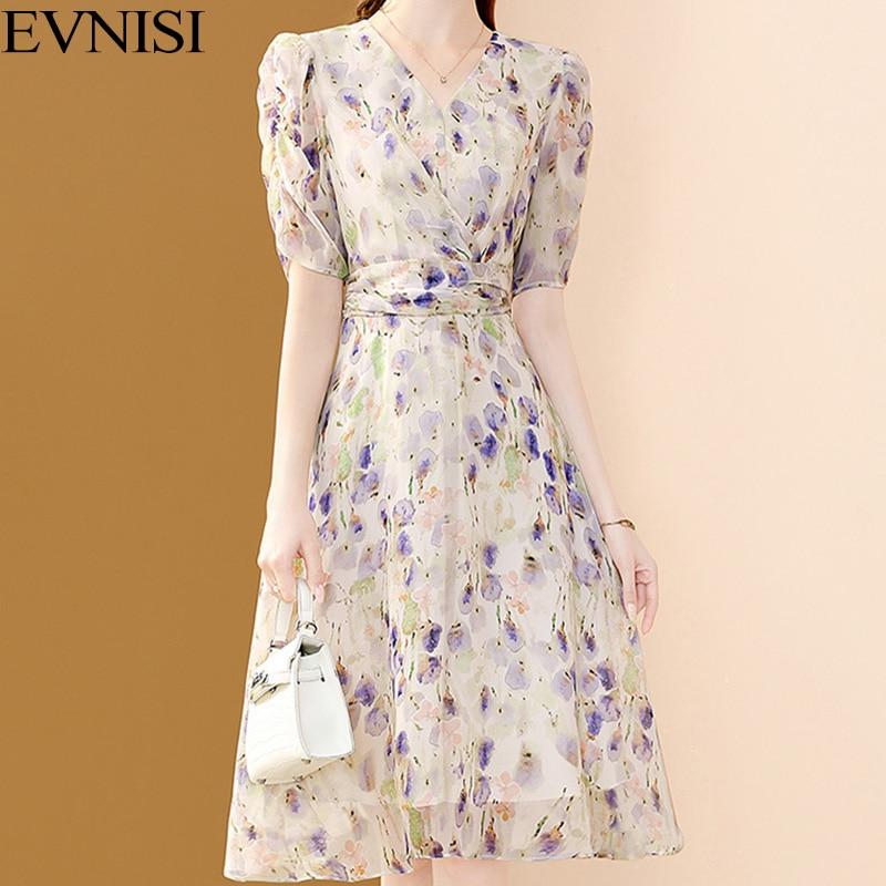 

EVNISI женское шифоновое платье с цветочным принтом, элегантное офисное платье трапециевидной формы с v-образным вырезом и коротким рукавом для женщин, праздничное платье, летнее платье