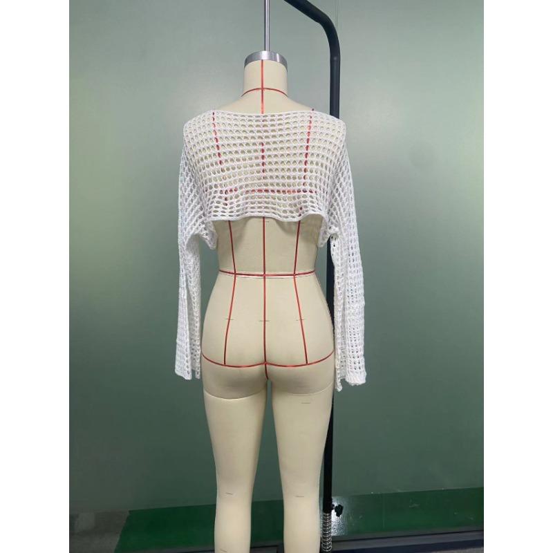 Women's Cover Ups Fall Women's Hand Hook Sweater Casual Ultra Short Flared Sleeve Sexy Mesh Cover Up