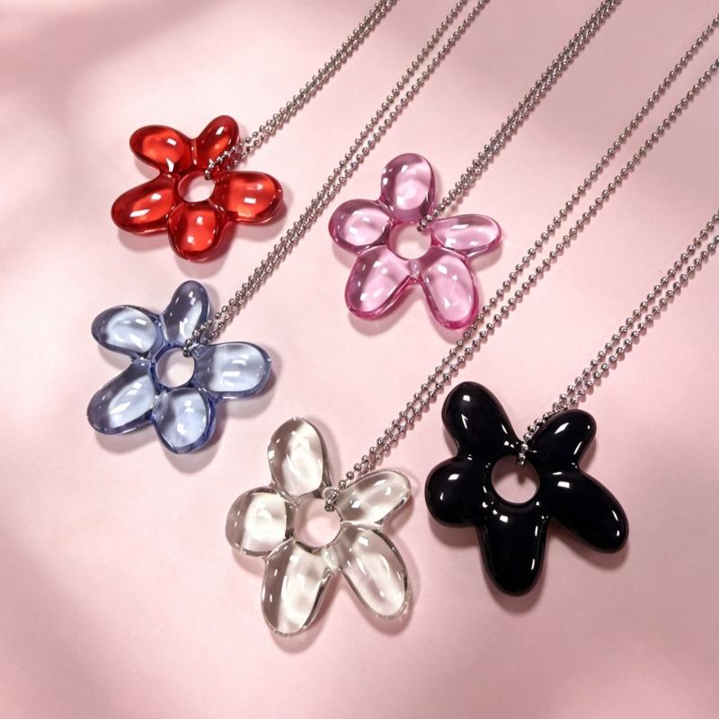 Transparent Resin Flower Pendant Necklace Metal Chain Multi Colors Daily Wear Party Gift For Women Girls