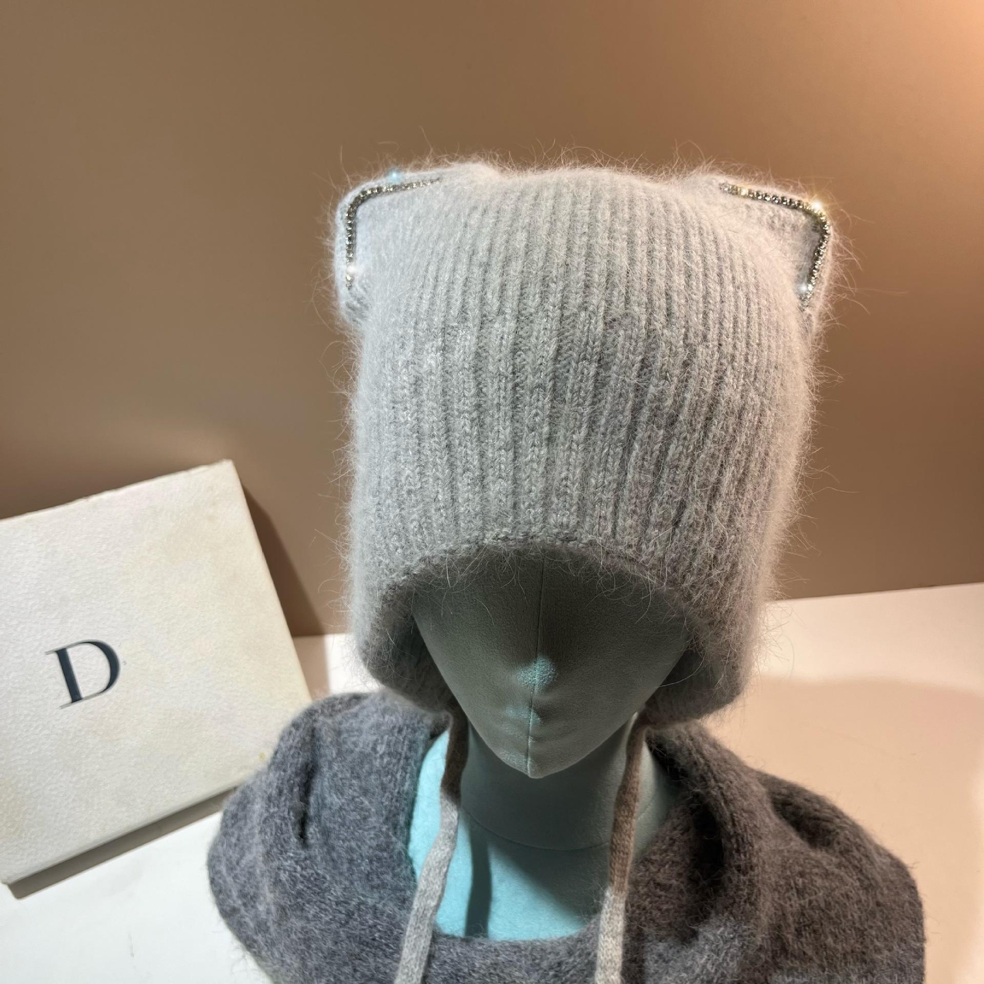 Angora Rabbit Fur Russian Winter Warm Plush Ear Cap Still Sweet Cat Ears Plush Knitted Hat One size