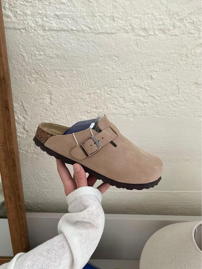 Boken 2024 Autumn Women's Genuine Leather Cork Mule Slippers: Closed-Toe Cow Suede, Flat Bottom, Outdoor Wear.