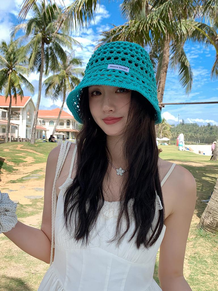 Hollow straw hat women's summer bucket hat sunshade sunscreen hat straw woven basin hat show face small bucket hat