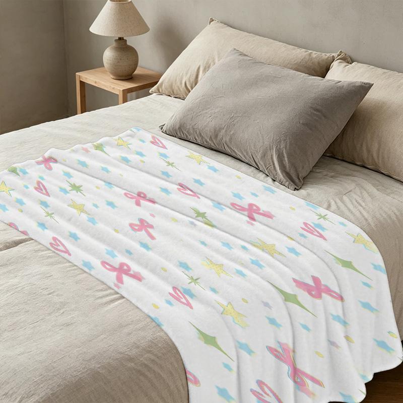 Non-Shedding Flannel Fleece Blanket - Ultra Soft Skin-Friendly Cute Stars, Hearts & Bows, Warm Cozy Home Throw for Halloween & Christmas, Cozy Decor