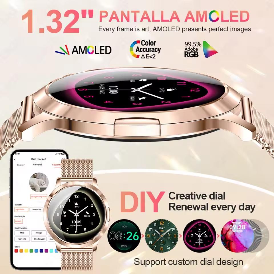 NEW Ultra-thin Body Fashion Smart Watch 1.32"AMOLED HD 3D Screen Women's Health Heart Rate Bluetooth Call Woman Smart Watch