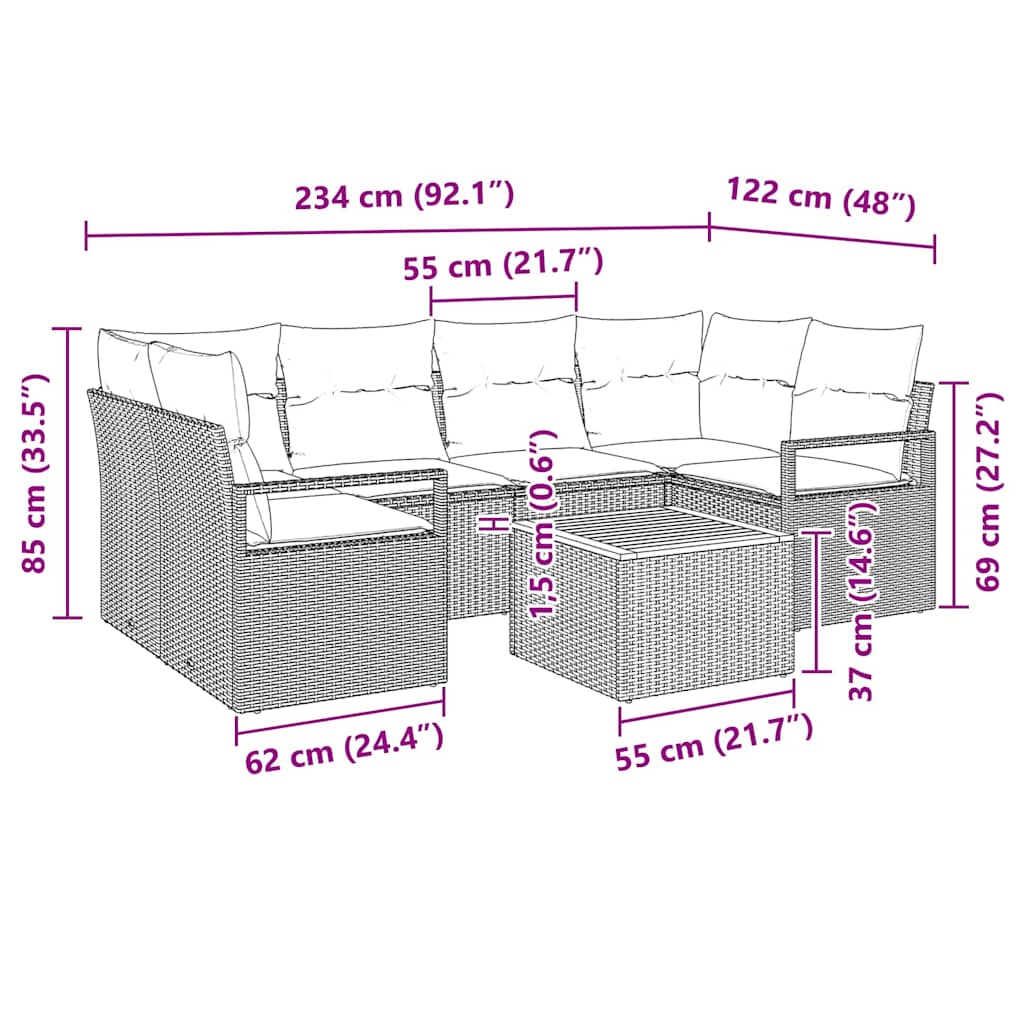7 Piece Grey Garden Sofa Set with Cushions