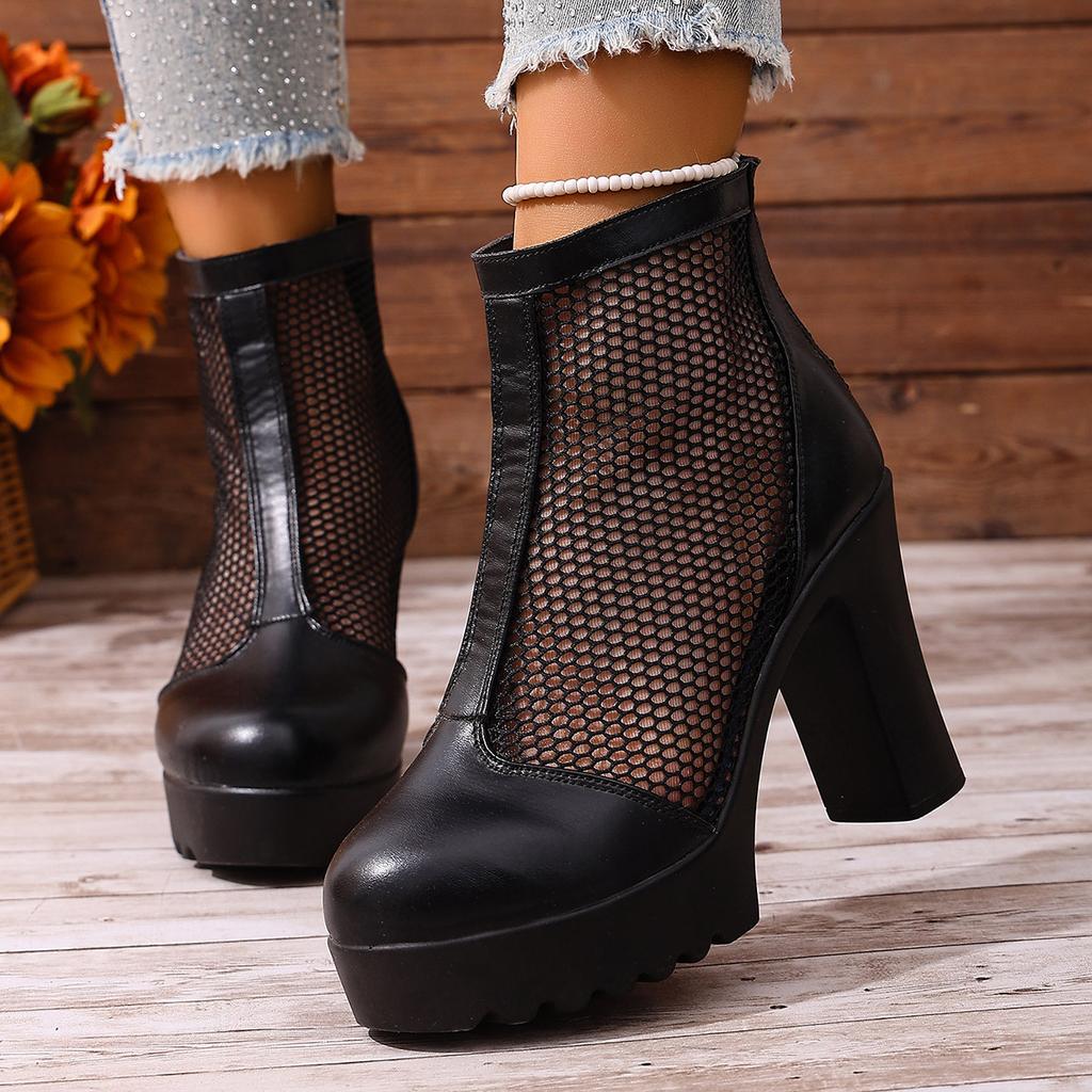 Women Mesh Platform Martin Sandal Boots Plus Size Block Heel Side Zip Short Boots