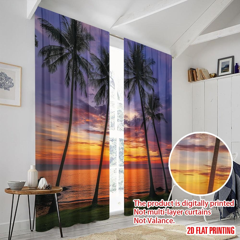2pcs 2D flat printing Party Curtains Palm Trees Sunset Beach Polyester Fabric Without Electricity Seasonal Party & Holiday Decor