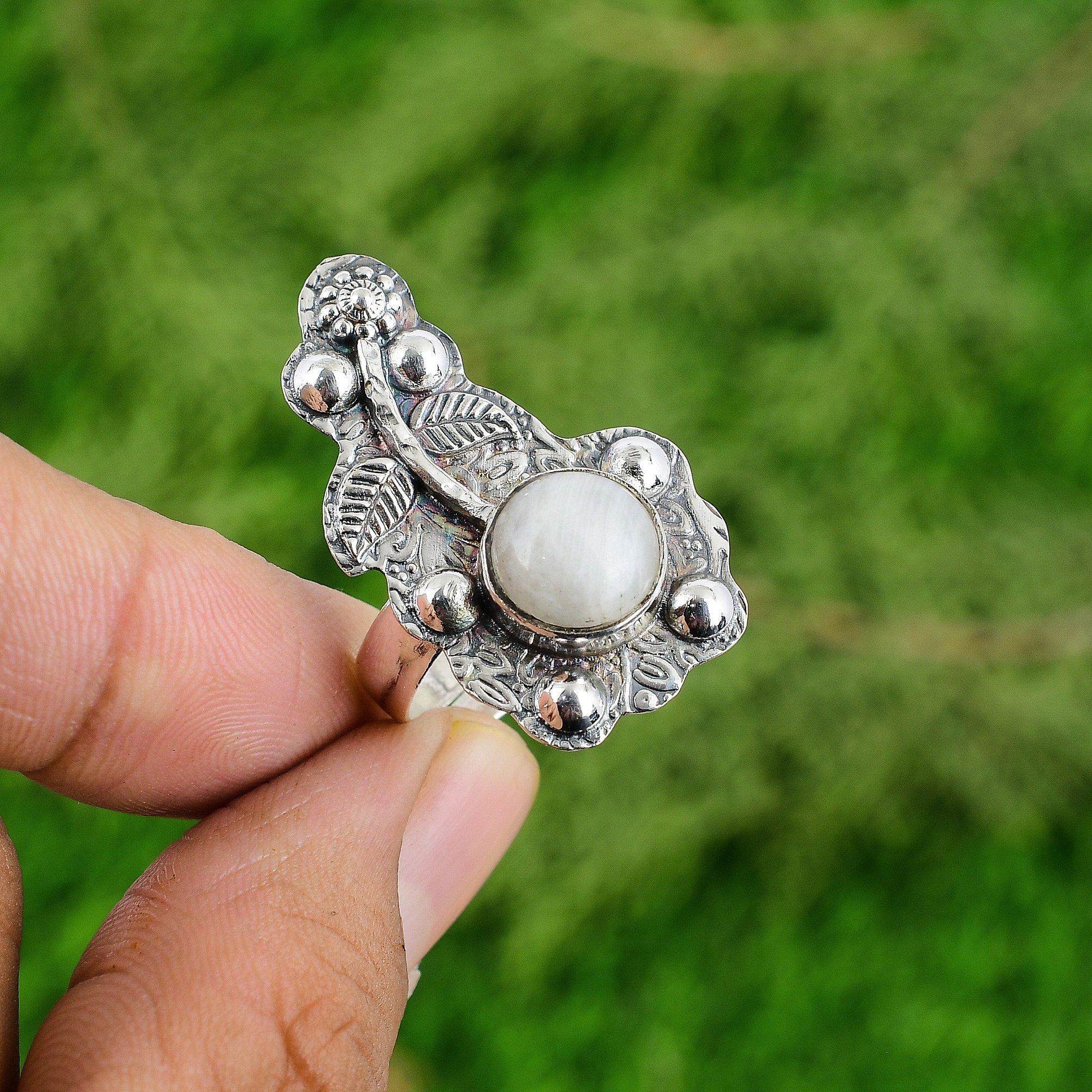 

Mothers day Deal Rainbow Moonstone Gemstone Bezel Flower Ring Sterling Silver Adjustable