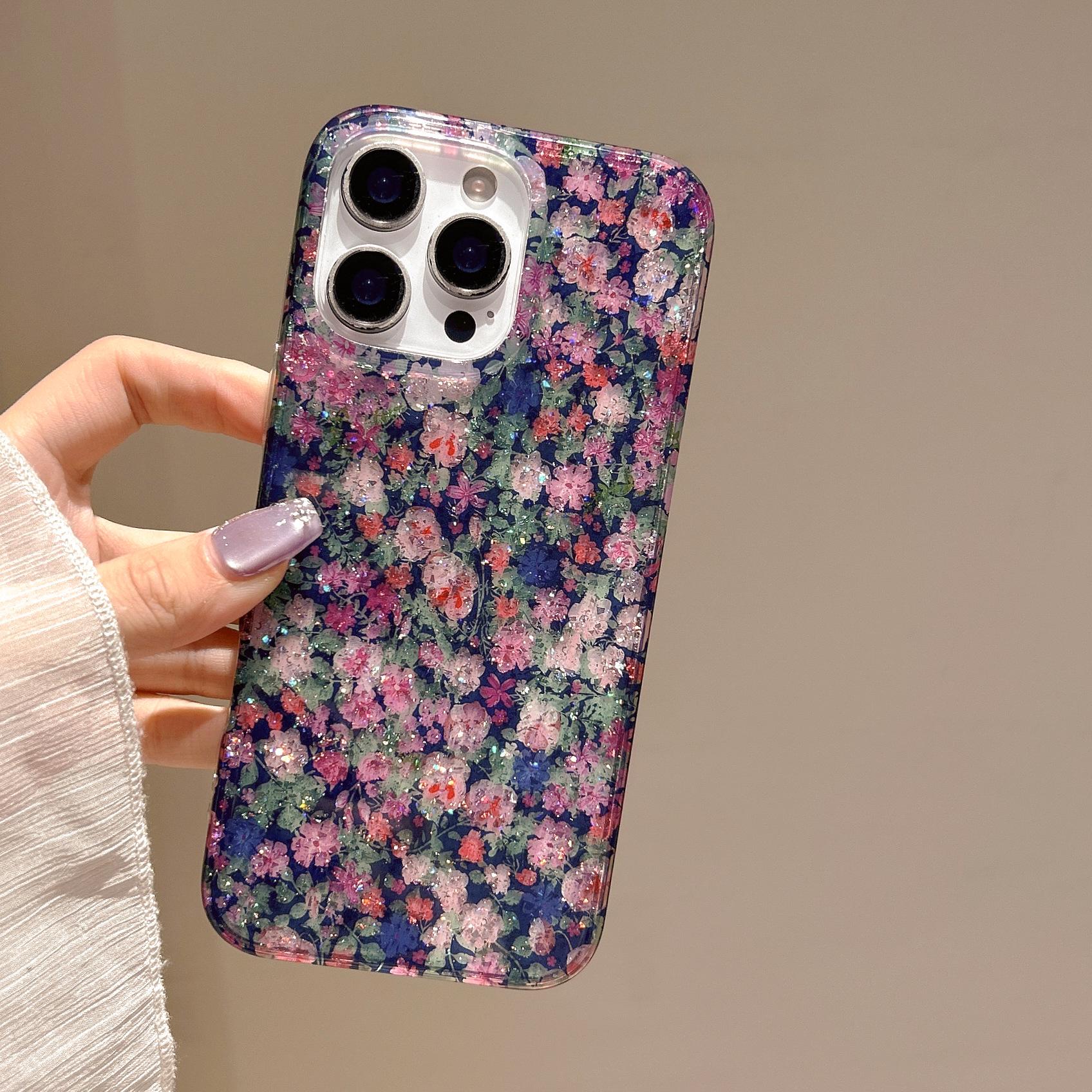 Floral Art Oil Painting Glitter Phone Case for iPhone 15/14/17 Pro Max (Apple 16) 14